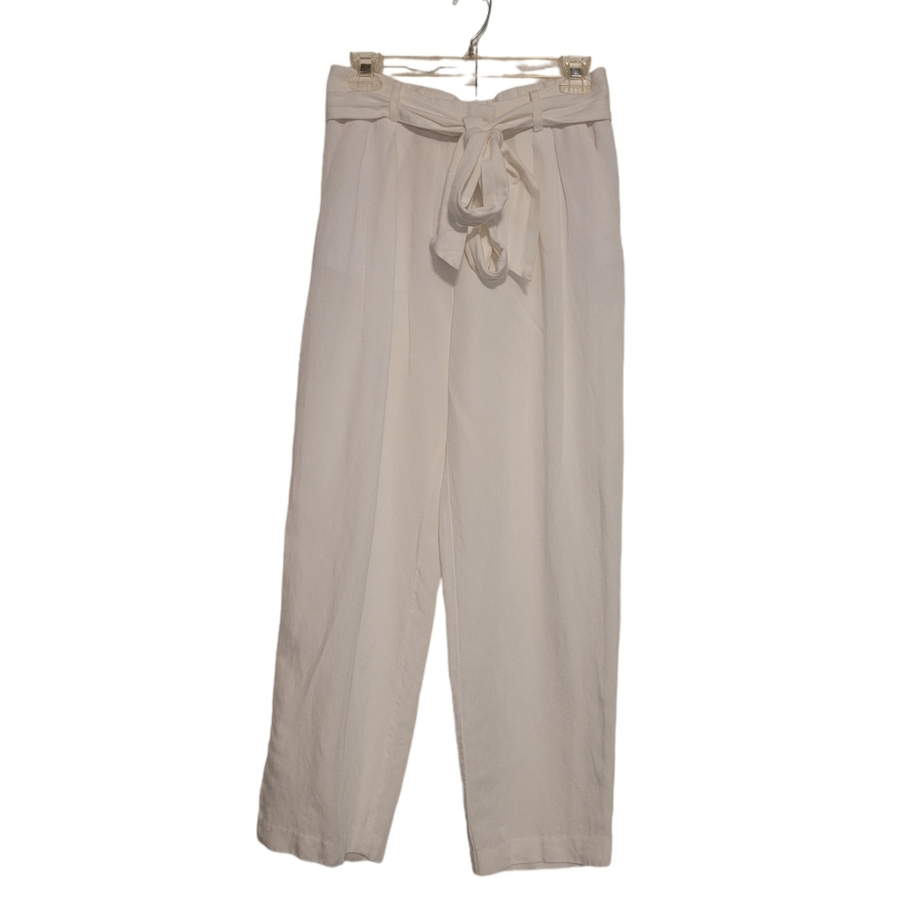 H&M White Linen Blend Straight Leg Front Pleated Cropped Belted Pants Sz 8 EUC